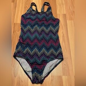 Lands End Girls Size 10 One Piece Swimsuit Lined‎ Navy Pattern Modest Flattering
